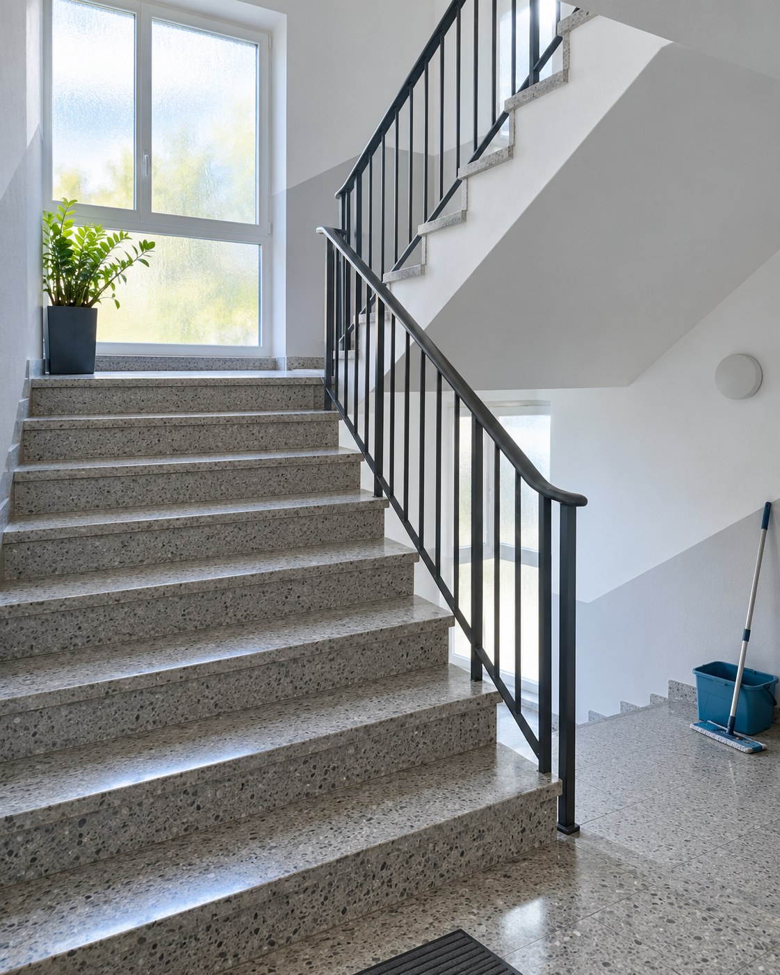 Helles, gepflegtes Treppenhaus mit Natursteinstufen, dunklem Geländer und Reinigungsgerät